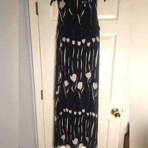 R.J. Collection L BlackWhiteFloral Print 100% SILK Slless Lined Women Maxi Dress